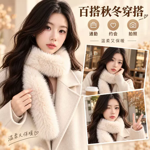 Winter plush scarf, faux fox fur, thin striped design, thickened for warmth, versatile neck warmer, plush crisscross scarf