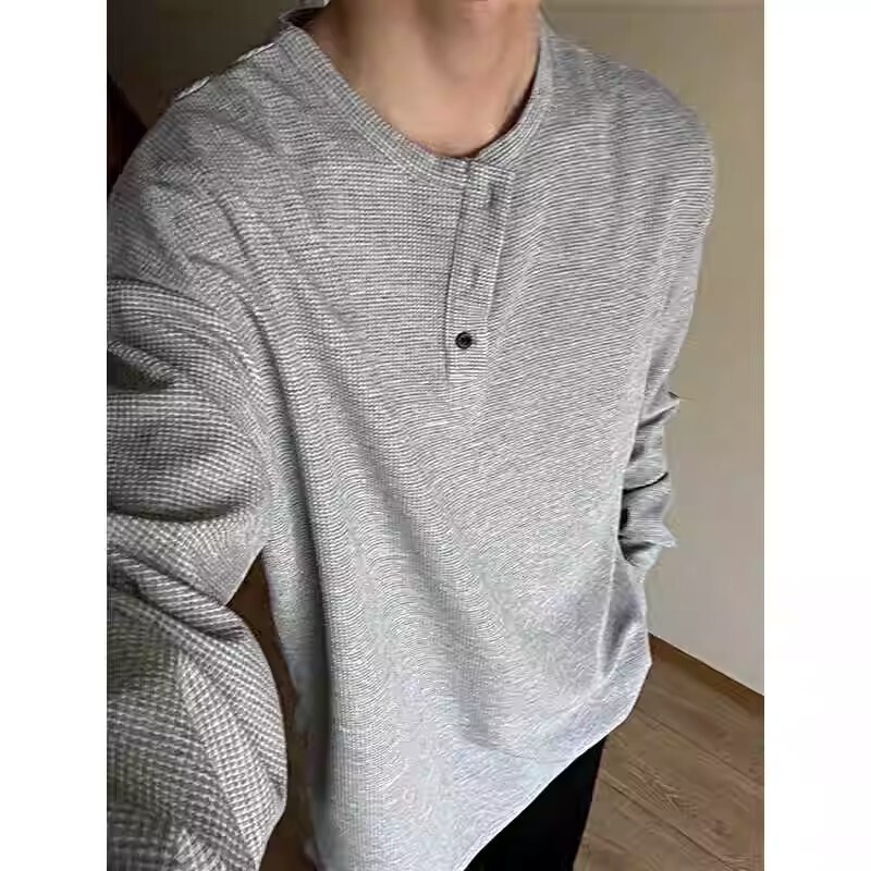 Grey Henry Collar Long-sleeved T-shirt Men's Spring and Autumn American Retro T-shirt Waffled Loose Casual Base Shirt