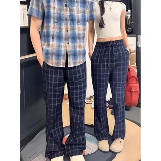 cleanfit蓝色格子裤子男款夏季薄款运动裤美式潮牌百搭休闲直筒裤
