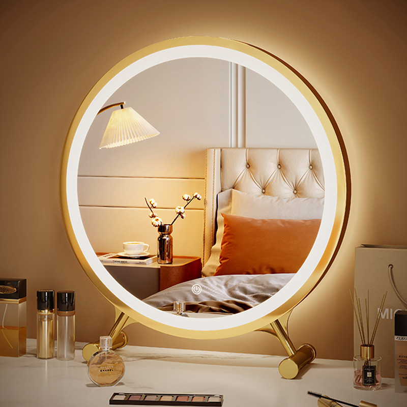 Mirror Large-Sized Tabletop LED Makeup Mirror with Light Stand for Student Dormitory Bedroom Vanity Desk Trendy Lighting Round Mirror