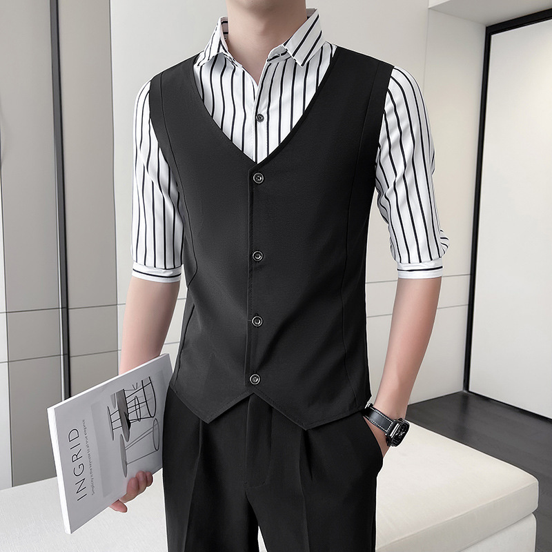 2025 New Summer Fake Two-Piece Short-Sleeved Vest Shirt Men's Slim Hair Stylist Stripesd Shirt Bar Work Clothes