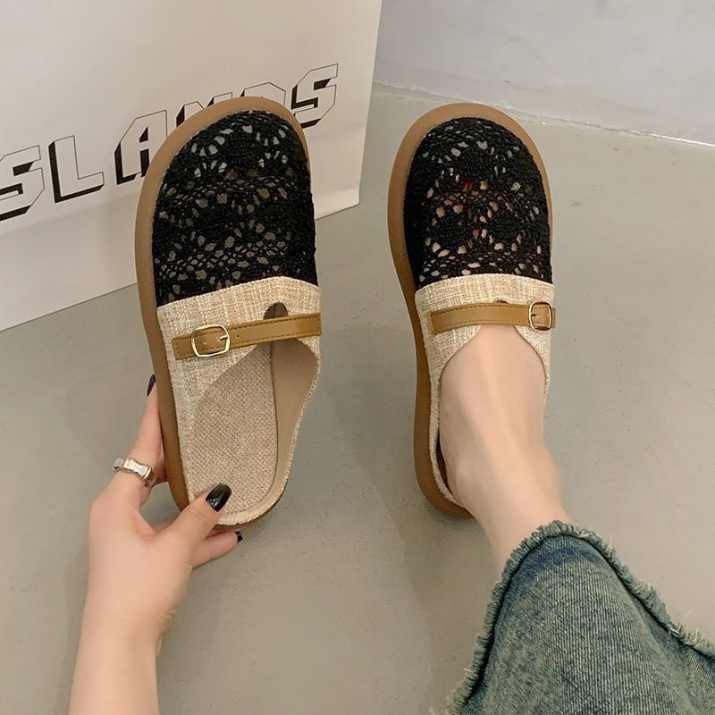 Dép lê nữ bít mũi vải lanh thêu hoa nhí, đế bằng gót thấp 1–3 cm, kiểu xỏ chân thoáng khí — Dép lê nữ S3 - màu be [hộp], Dép lê nữ S3 - màu đen [hộp]