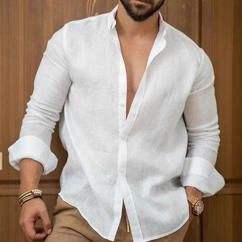 2025 Spring and Autumn Foreign Trade Cross-Border Amazon European and American Cotton and Linen Solid Color Youth Casual Gentleman Shirt for Men