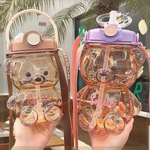 Plastic water cup cute bear large capacity student high-quality appearance straw double drinking cup for children summer outdoor crossbody water bottle