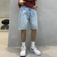 时尚小众设计感水洗浅色牛仔五分裤夏季男士休闲短裤直筒潮流中裤