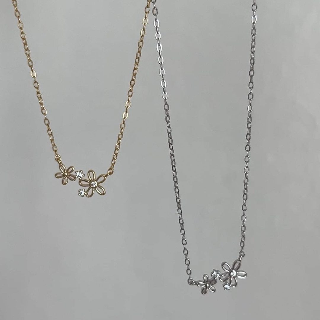 韓國飾品S925純銀項鍊兩朵小花少女ins風百塔氣質日常百搭鎖骨鏈