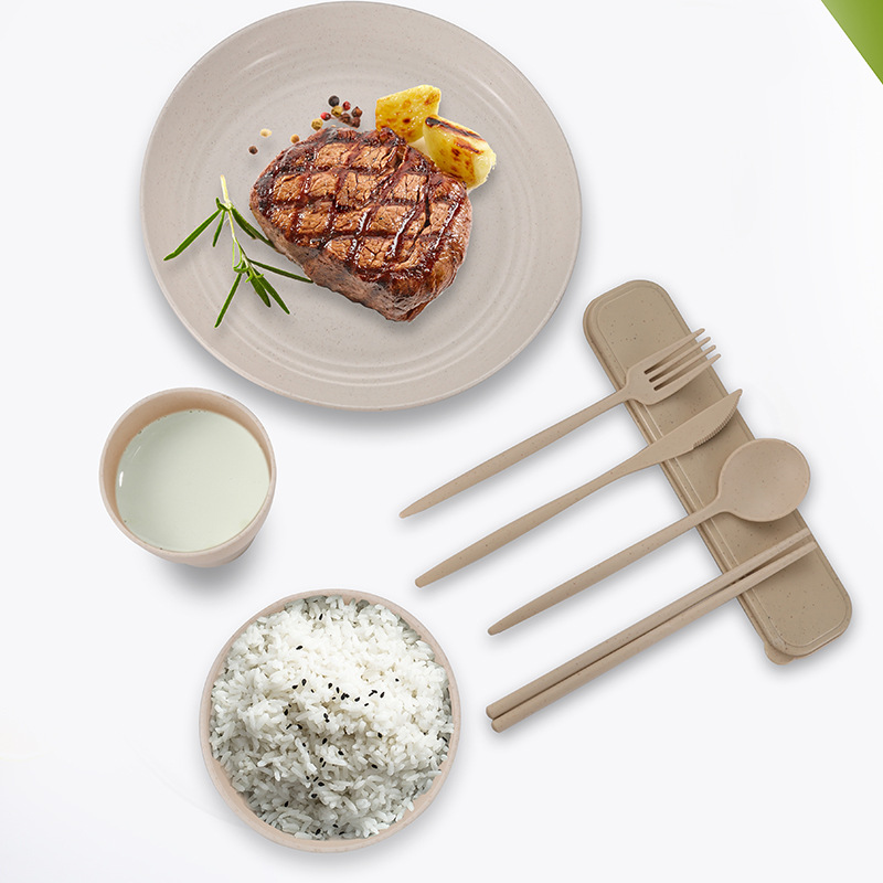 Amazon Wheat Straw Plate Bowl Water Cup Tableware 32-piece Set Portuguese Knives, Forks, Spoons and Chopsticks Portable Tableware Set