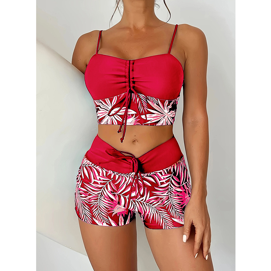 High Waist Lace up Print Swimsuit for Women Split Boxer Style Solid Color Splicing Design European American Foreign Trade 2024 Large Size_ecoleips.com