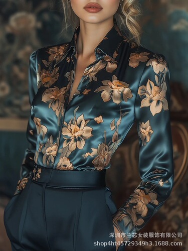 【Label】Golden Lotus Print Shirt for Spring and Summer, Collared, Elegant Satin Face, Tapered Long Sleeve Professional Clothing