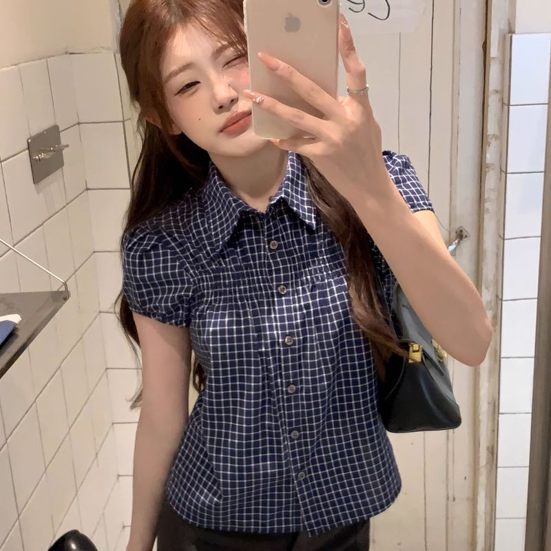 日本のチェック柄半袖シャツ女性の夏のレトロなポロカラーベビードールシャツスリムショートパフスリーブシャツトップ|undefined