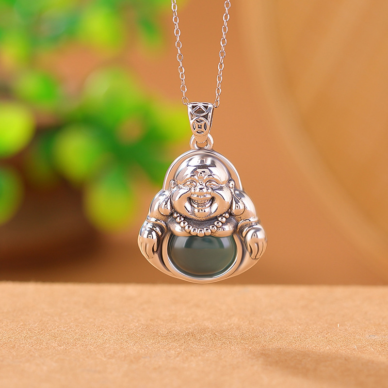 Mặt dây chuyền bạc S999 hình nai ngọc bích phong cách Trung Hoa cổ điển – Phật Di Lặc, hoa sen, tiền xu — Mặt dây chuyền đơn (không bao gồm dây chuyền)