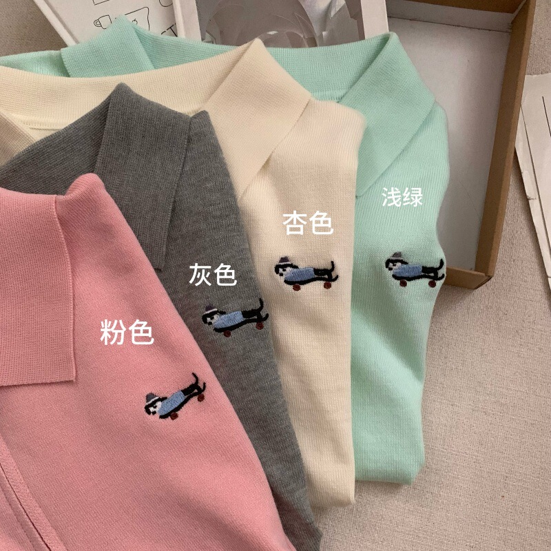 Korean Candy-Colored Puppy Embroidered Polo Collar Knitwear Short-Sleeved T-Shirt Women's Summer Versatile Slimming Look Top Korean Candy-Colored Puppy Embroidered Polo Collar Knitwear Short-Sleeved T-Shirt Women's Summer Versatile Slimming Look Top