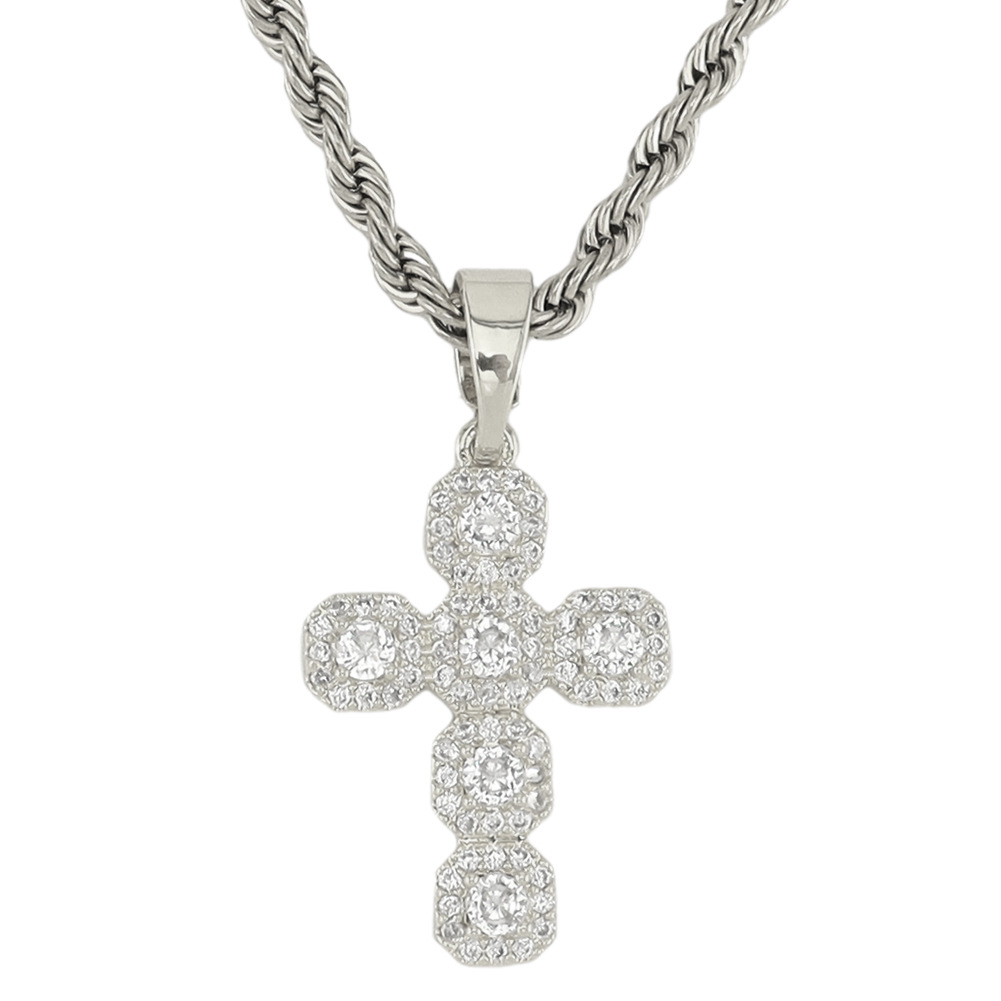 1 Piece Quantity Copper Inlaid Zircon Cross Pendant Necklace Personalized   Style Long Hemp Flowers Chain Sweater Chain Wear Accessory