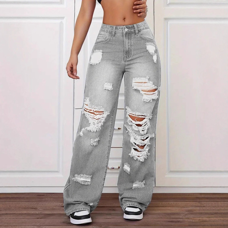 欧美跨境外贸破洞牛仔裤洗水高腰直筒百搭宽松牛仔长裤女 JEANS|undefined