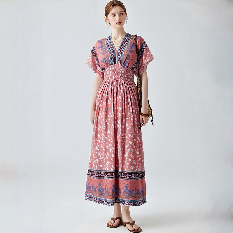 Bohemian ethnic style cotton silk dress, V-neck Morandi color beach dress, travel dress for Japan, Korea, and Southeast Asia