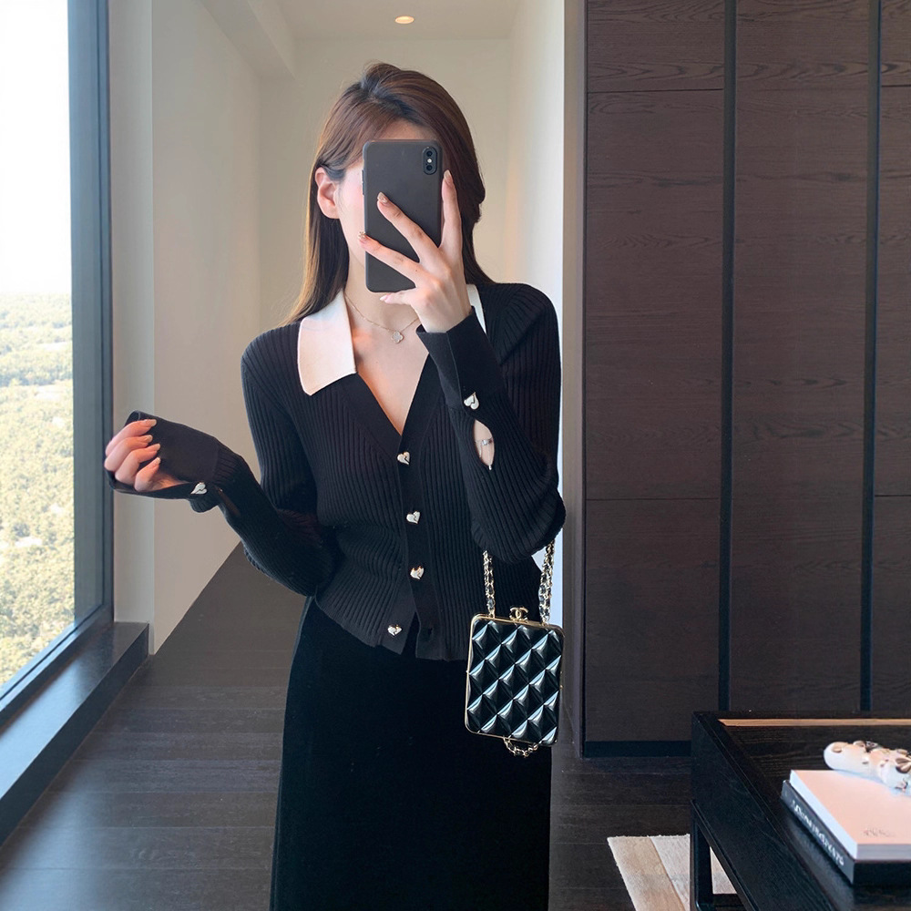 Spring Is Not Late ◆ Chic and Fashionable Contrasting Color Polo Collar Wool Blend Knitwear Slimming Look Knitwear for Women Autumn and Winter New Style