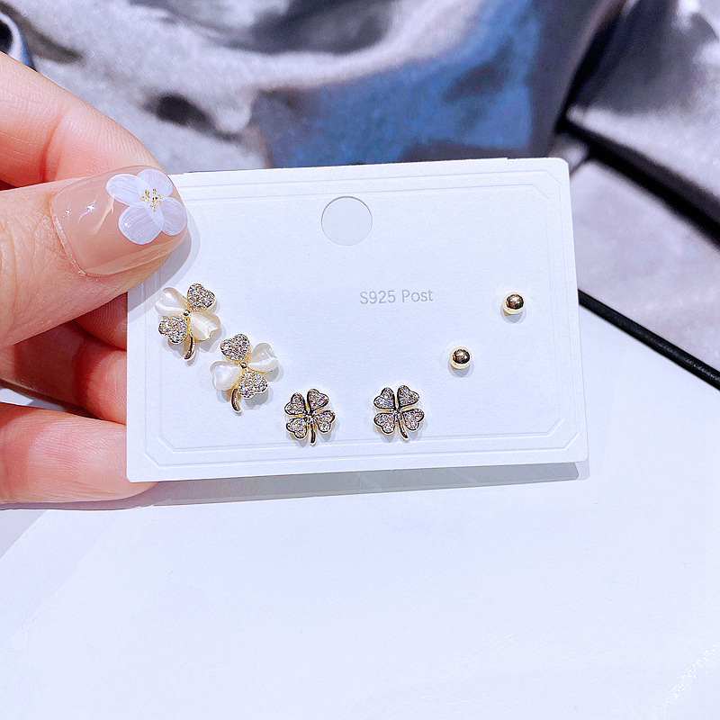 YAKEMIYOU Fashion three pairs heart-shaped four-leaf clover copper earrings set