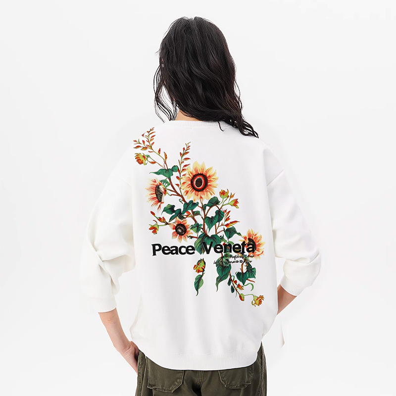 Chinese Style Heavy Embroidery Gradient Sunflower Long-Sleeve Chinese Style Loose Autumn and Winter Couple Sweatshirt with Round Neck