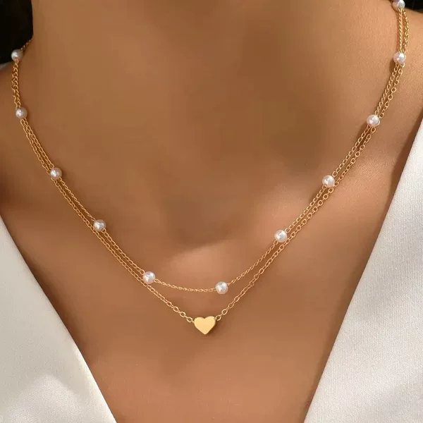 European and American Cross-Border Jewelry Accessories Versatile Pearl Heart Pendant Necklace Women's Jewelry Retro Alloy Stacked Clavicle Chain