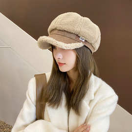 羊羔毛八角帽女韩版时尚鸭舌帽加绒加厚蓓蕾帽洋气英伦复古画家帽