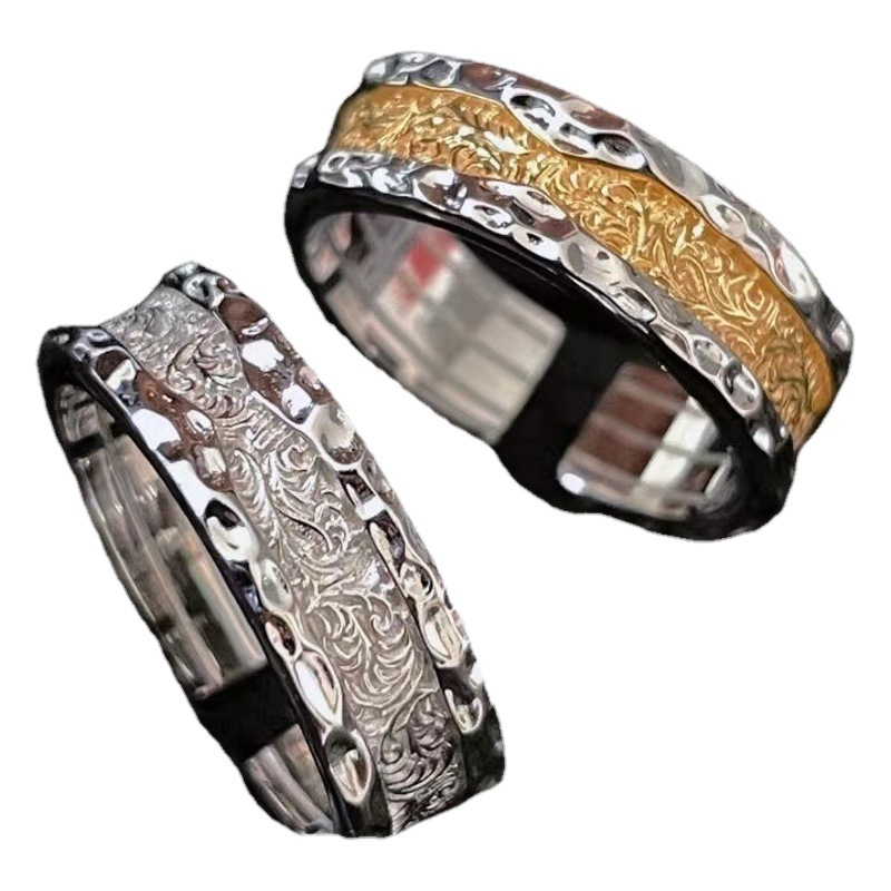 Chiba Niche Design Tang Grass Pattern Ring for Women Carved Two-Color Gold Color Matching Open Couple Ring Trendy Men and Women