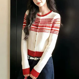 韩版英伦风撞色条纹毛衣针织开衫女春秋新款修身圆领短款外套上衣