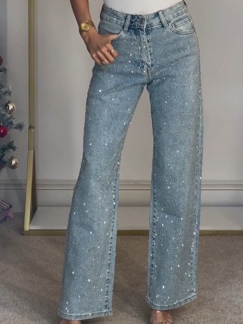 Women's High-Waisted Straight Leg Jeans Full Diamond Washed Denim Loose Fit European And American Style_mkmklike.com