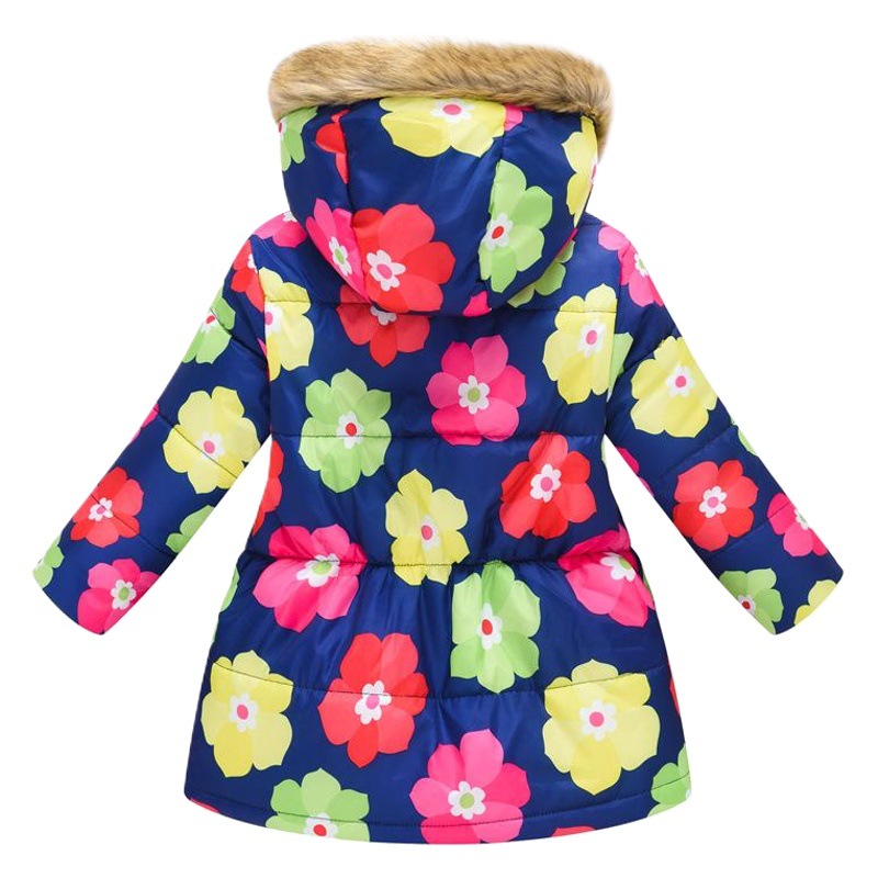Otoño e Invierno nueva ropa para niños y niñas multicolor impreso cuello de piel largo con capucha abrigo de algodón acolchado