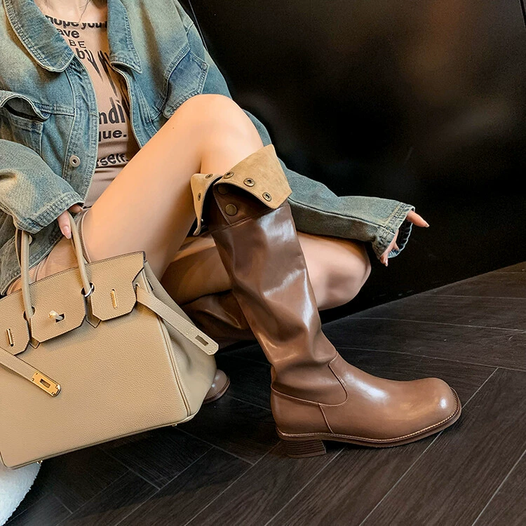 Новые ретро-ботинки 2024 года с квадратным носком, массивным каблуком, складками, из натуральной кожи, коричневые, для широких ног, стройнящие, в стиле верховой езды