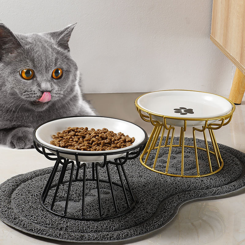 Cross-border wholesale pet dog bowl snack bowl with metal elevated drinking bowl cat bowl ceramic neck protection cat food basin