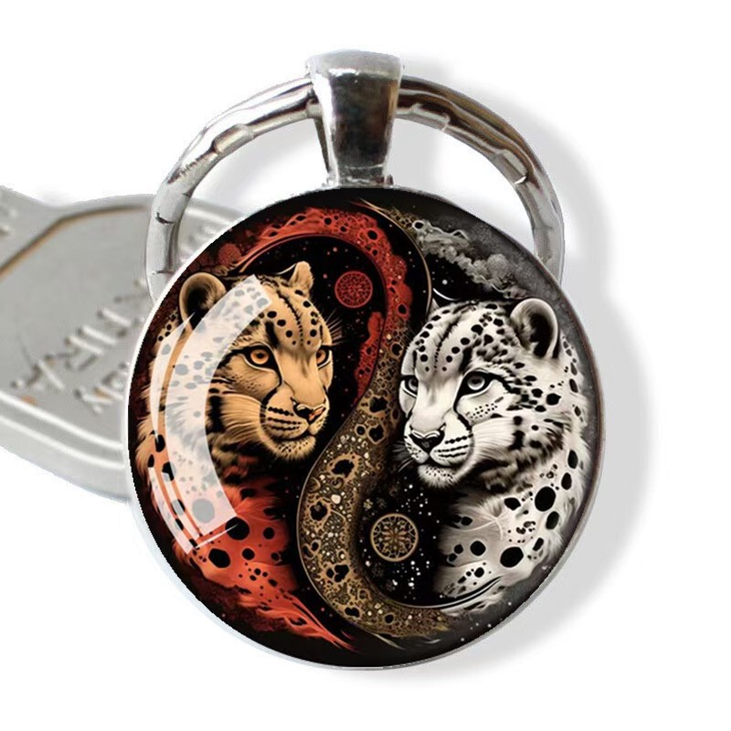 Hot Selling Yin and Yang Leopard Glass Alloy Keychain Small Pendant Cross-Border European and American Pendant Metal Keychain Small Gift