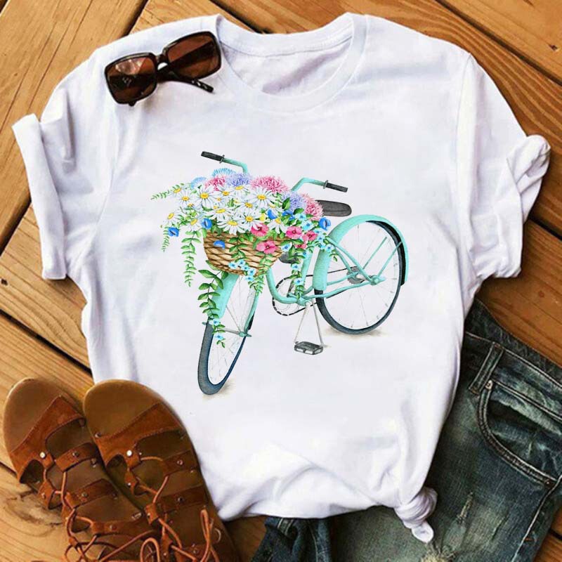 Foreign Trade Women's Tops European and American Bicycle Sunflower Harajuku White Casual Short-Sleeved T-Shirt Women's Tops t S