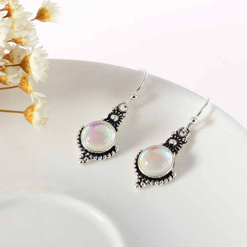 wish hot sale new moonstone retro earrings European and American fashion imitation Thai silver rainbow gemstone ear hook jewelry