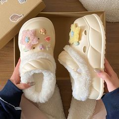 可拆卸棉洞洞鞋甜美百搭秋冬外穿加绒EVA厚底增高毛毛保暖棉拖女