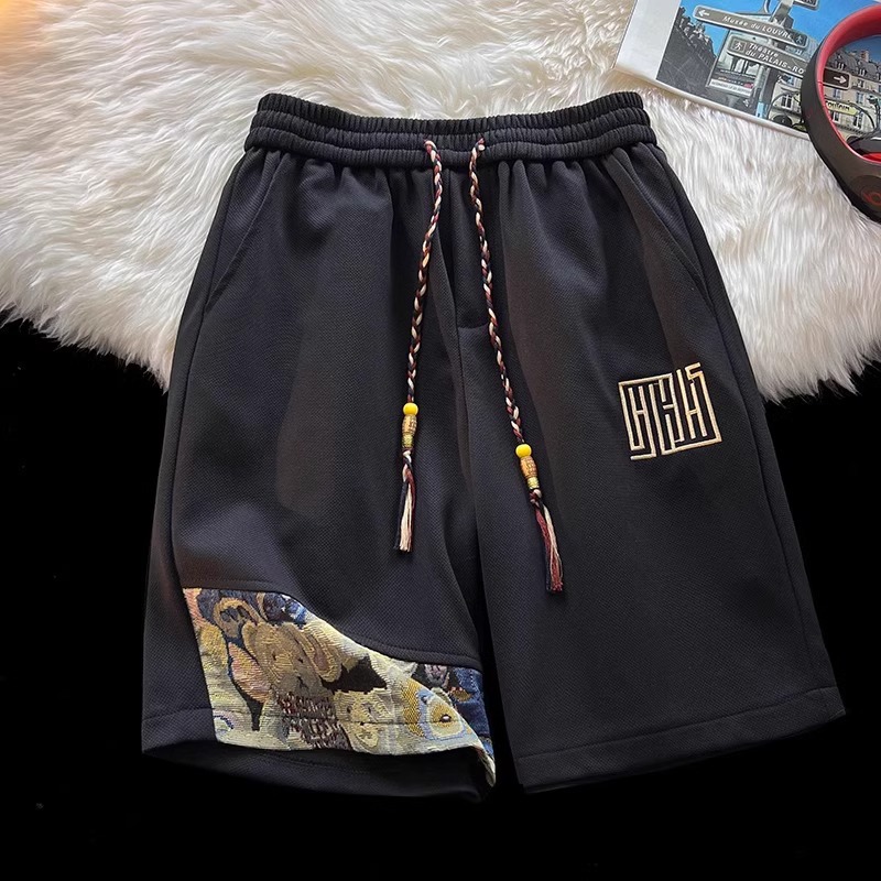 Men's Summer Waffle Shorts Bear Design Trendy Sporty Casual Loose Fitting Five Point mid Waist Drawstring Slacks_voghion.com