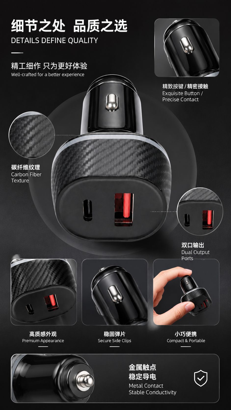 Car charger 54W dual-port fast charging USB-A+Type-C cigarette lighter power supply 12V/24V