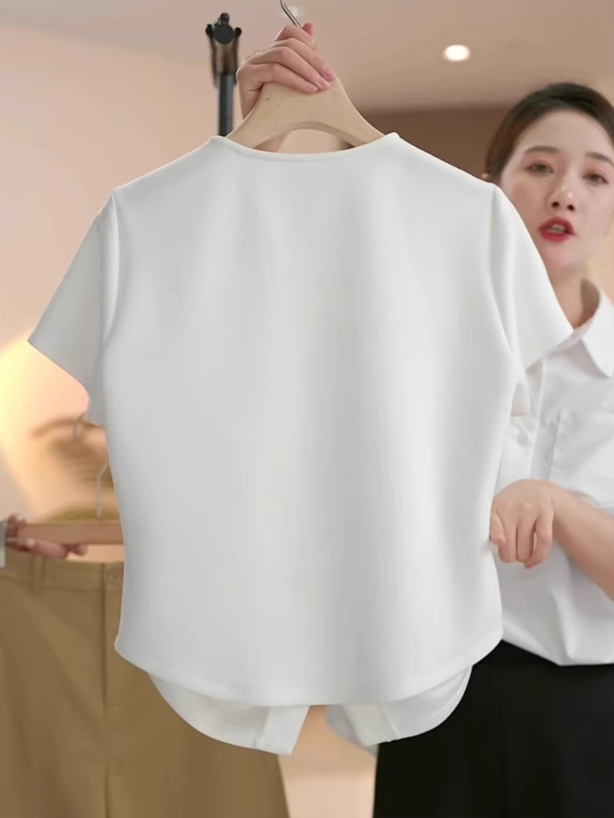 Áo thun nữ ngắn tay cổ chữ V tôn dáng — Màu đen
