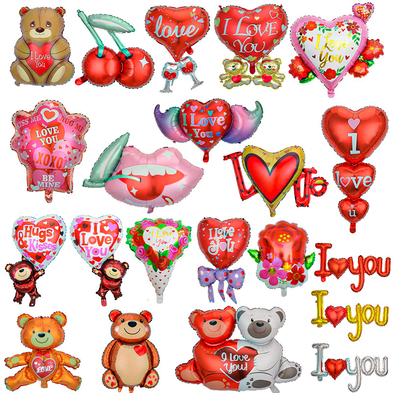Decoración de San Valentín de Amazon, globo en forma de corazón, oso de dibujos animados, corazón de amor unido, globo de San Valentín, globo de aluminio