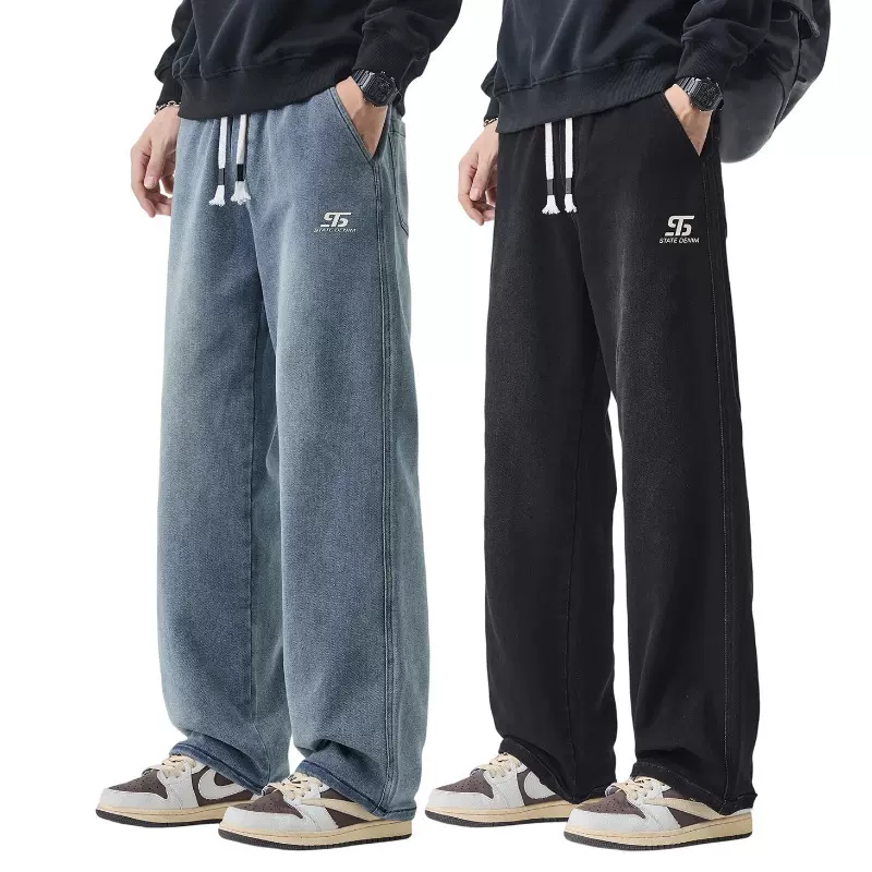 加长高个子牛仔裤男秋冬厚款多功能松紧腰复古直筒阔脚牛仔裤胖男