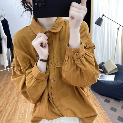 Cotton Lantern Sleeve Women's Spring and Autumn Lotus Edge Long Sleeve Youthful Yuanbao Collar Top Retro Base Button Blouse