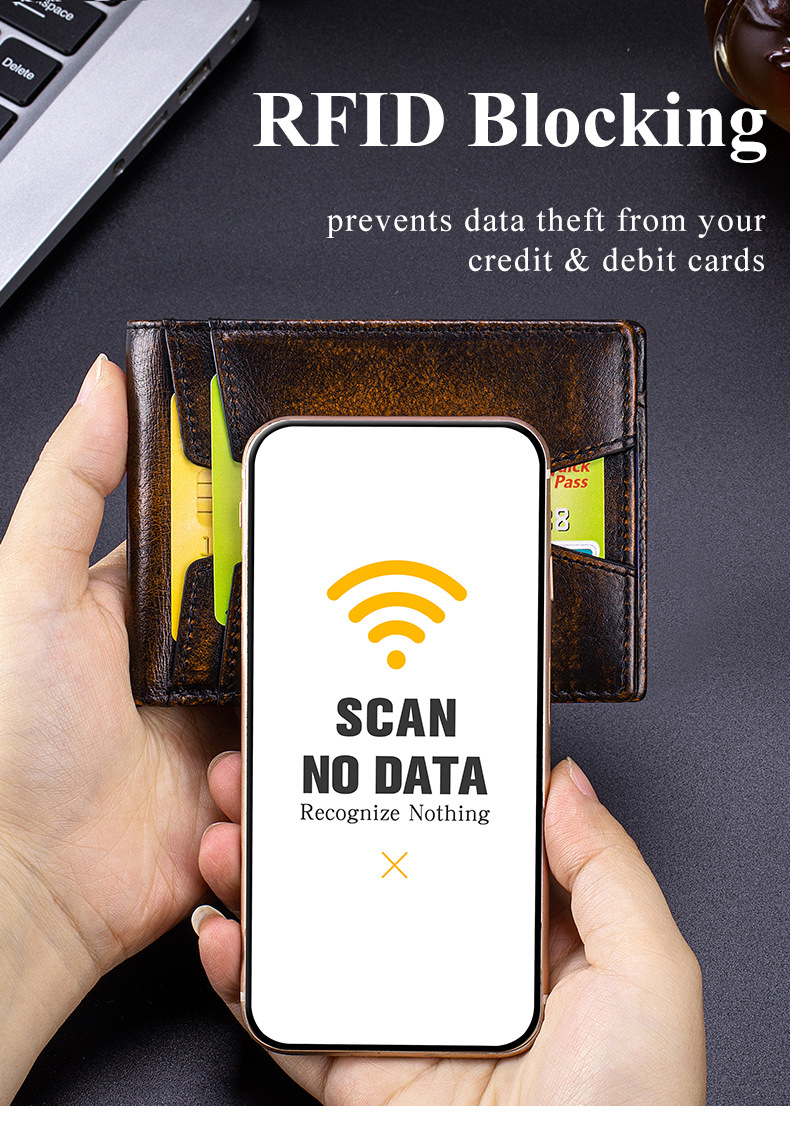 Ví nam ngắn da bò thật chống trộm RFID cổ điển — Cà phê xát, Màu nâu, màu nâu đỏ, màu đen chi tiết 16