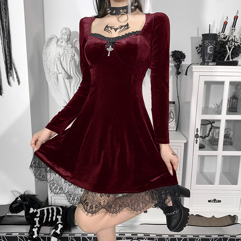 Dark Style Solid Color Suede Long-Sleeved Lace Stitching Dress NSGYB99090