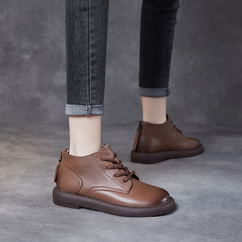 First-layer cowhide flat-bottom round-toe retro brown sassafras color high-top single-layer leather nude boots casual and versatile autumn and winter women's cotton shoes