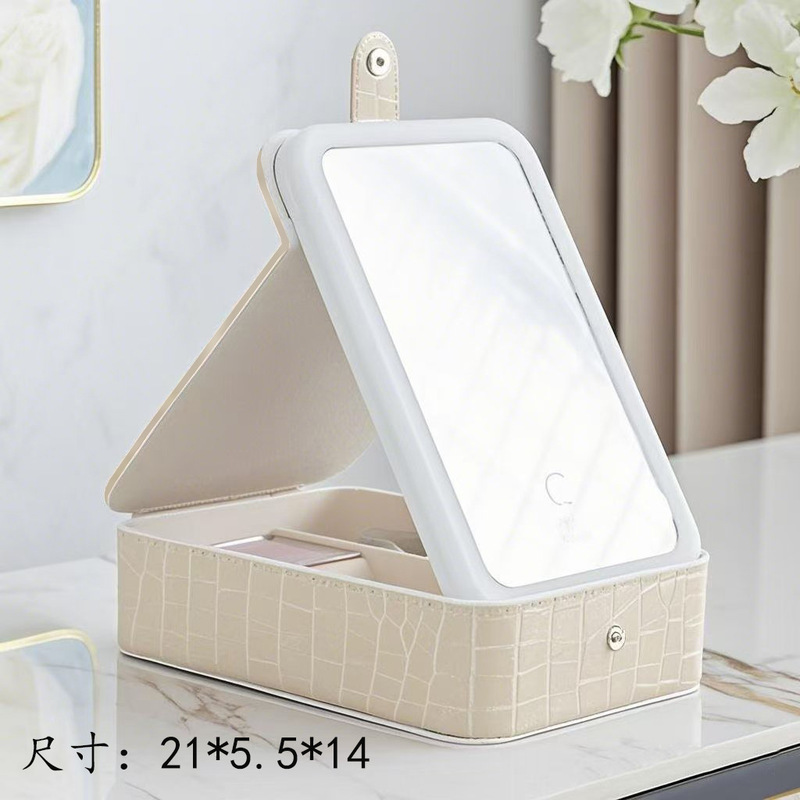 Ledライト化粧箱防水革化粧鏡収納バッグ旅行パーテーションジュエリーボックス折りたたみポータブル収納ボックス|undefined