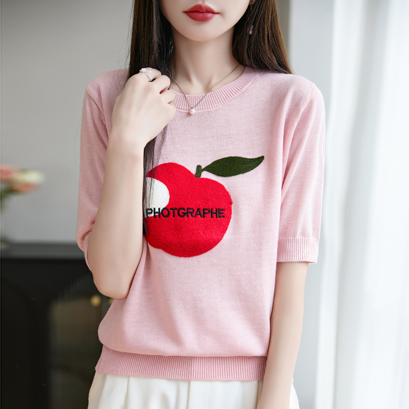 2025 Spring and Summer New Worsted Wool Round Neck Knitwear Short-Sleeved T-Shirt Women's Embroidered Apple Pullover Bottoming Shirt