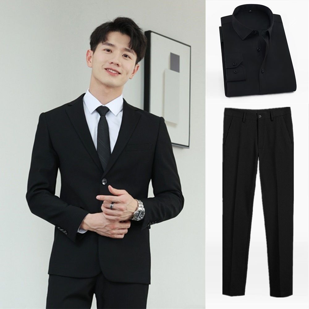 (3종세트) 블랙 슈트 + 블랙 바지 + 블랙 셔츠와 넥타이