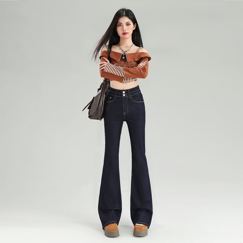 In-Stock Wholesale Denim Blue Low-Waist Hot Girl Micro-Flare Jeans for Women, Autumn and Winter Versatile Slimming Drapey Floor-Length American Style