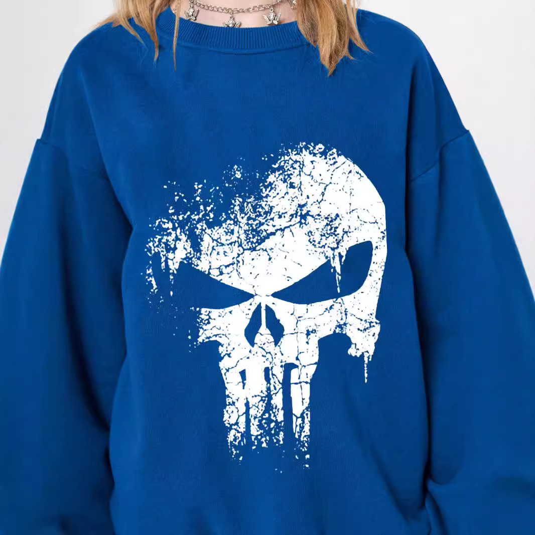 2024 Autumn Round Neck Street Print Sweatshirt Skull Cotton Soft Hoodless Loose Pullover Inner Wear For Women_voghion.com
