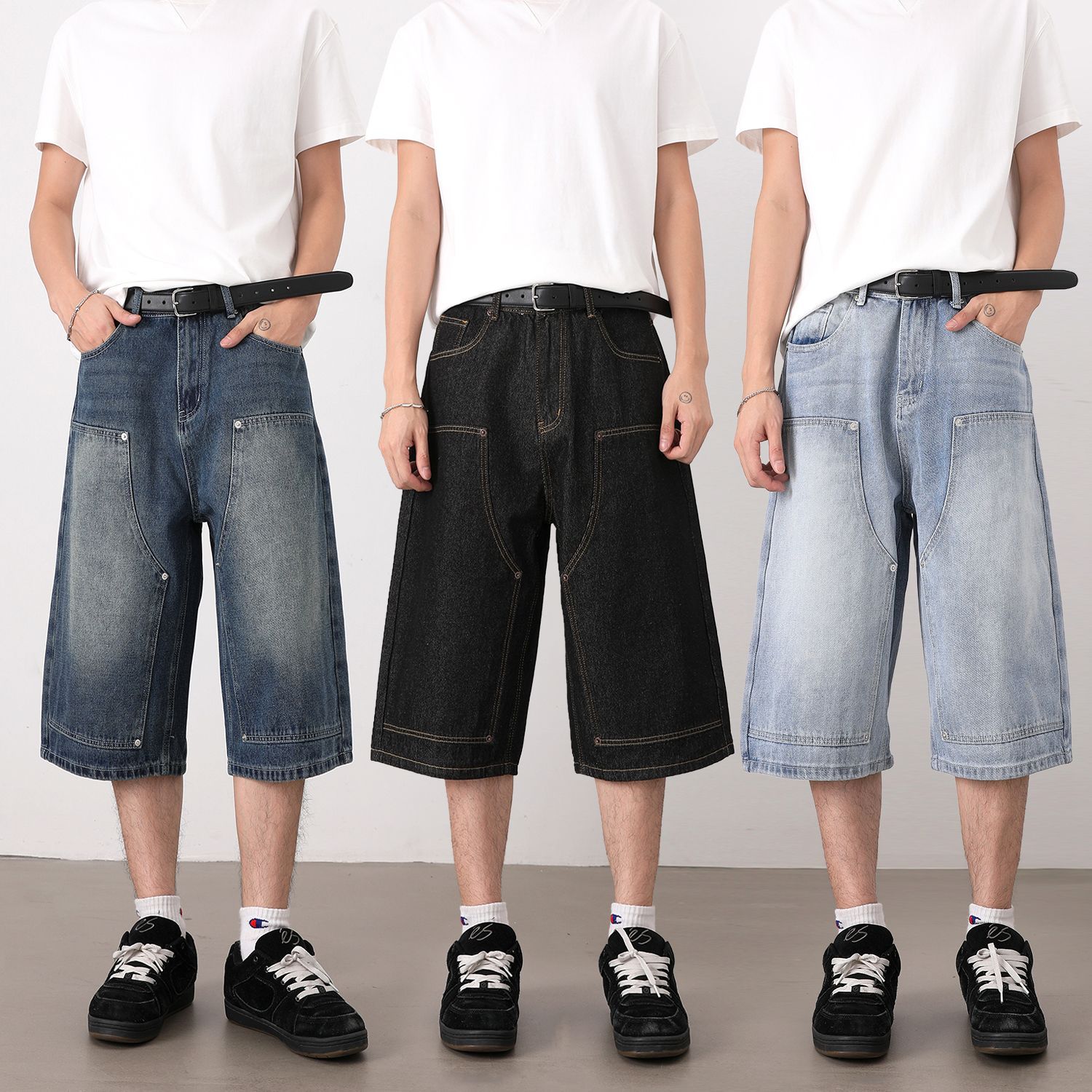 Nirben Denim | American Retro High Street Men's Jeans Trendy Brand Cropped Pants Loose Straight Washed Mid-Length Pants