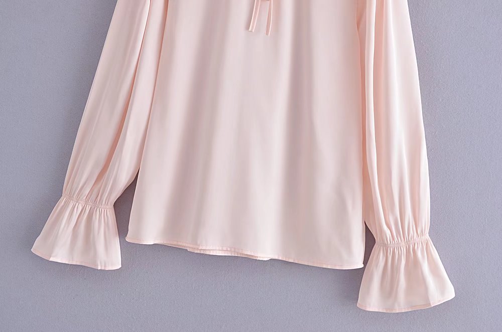 Long Sleeve Lapel Lace-Up Solid Color Chiffon Top NSAM115611